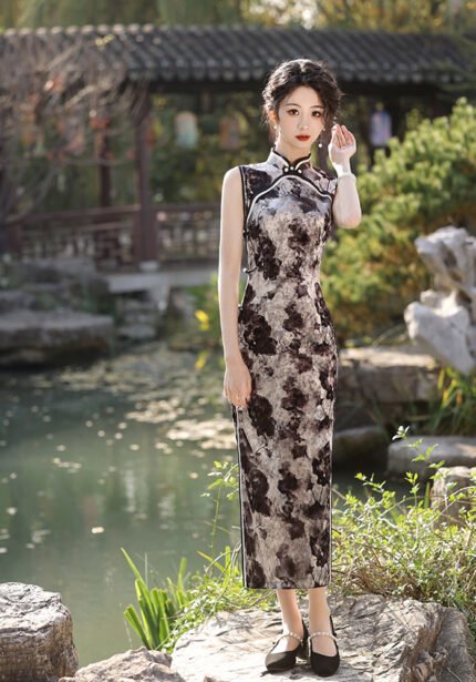Sleeveless Black Green Qipao Dresses