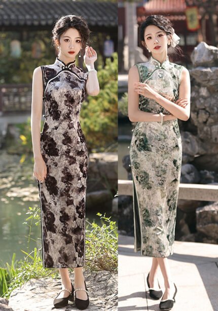 Sleeveless Black Green Qipao Dresses
