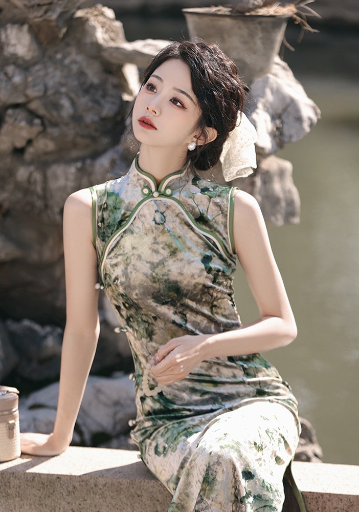 Sleeveless Black Green Qipao Dresses