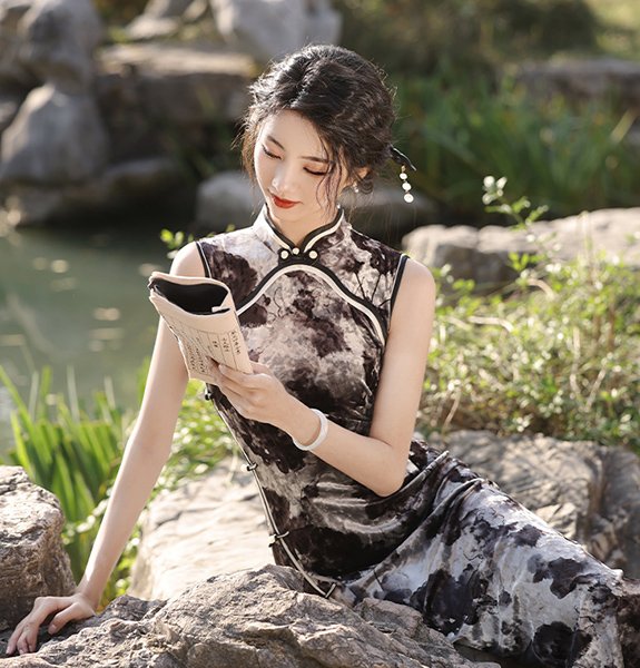Sleeveless Black Green Qipao Dresses