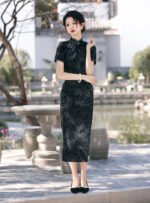 Velvet Cheongsam Dress Dark Gray Green Qipao