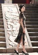 Velvet Cheongsam Dress Dark Gray Green Qipao