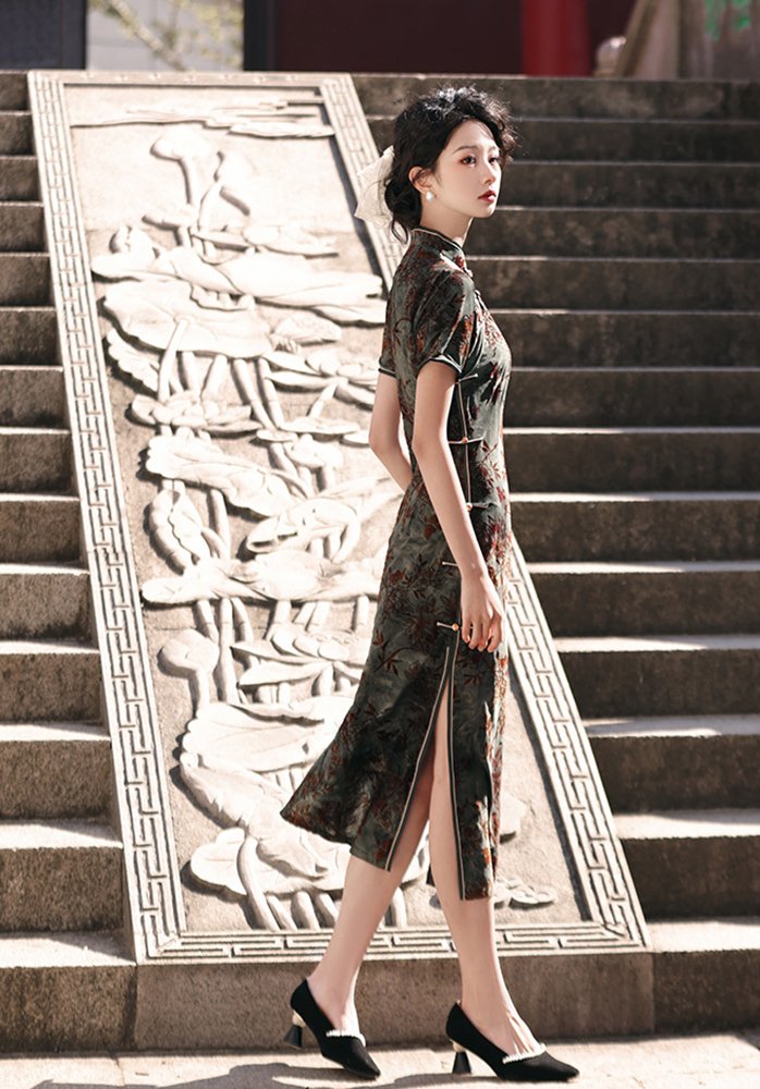 Velvet Cheongsam Dress Dark Gray Green Qipao