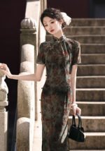 Velvet Cheongsam Dress Dark Gray Green Qipao