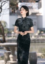 Velvet Cheongsam Dress Dark Gray Green Qipao