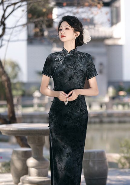 Velvet Cheongsam Dress Dark Gray Green Qipao