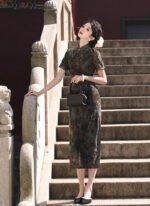 Velvet Cheongsam Dress Dark Gray Green Qipao