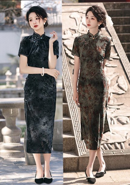 Velvet Cheongsam Dress Dark Gray Green Qipao