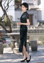 Velvet Cheongsam Dress Dark Gray Green Qipao