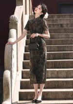 Velvet Cheongsam Dress Dark Gray Green Qipao