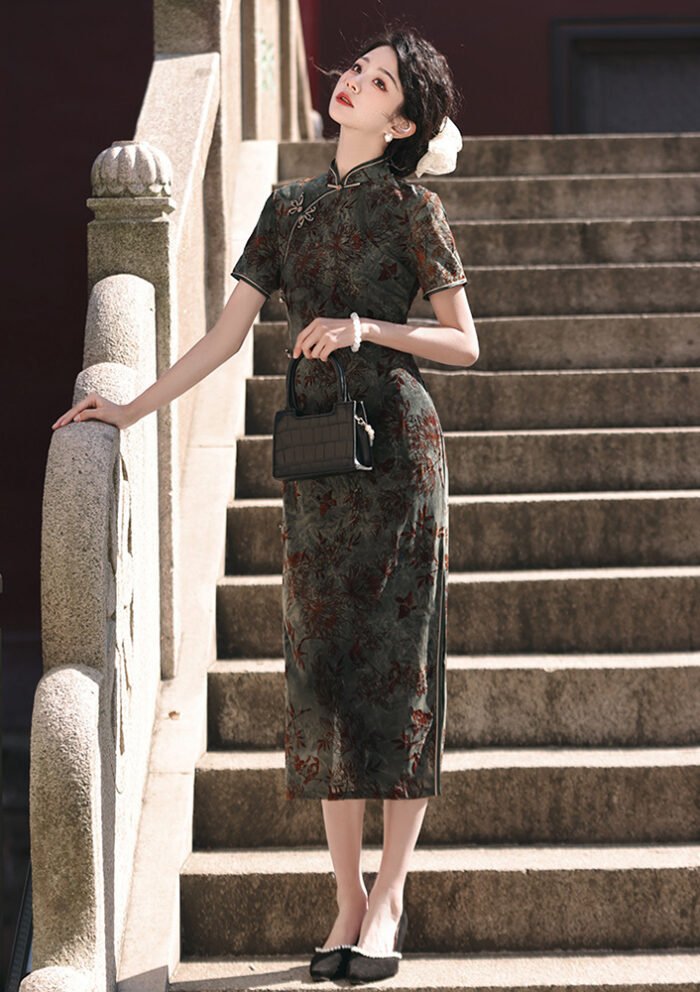Velvet Cheongsam Dress Dark Gray Green Qipao