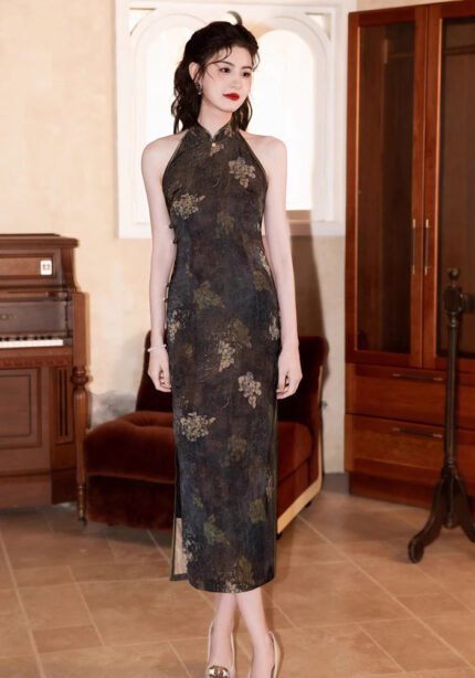 Black Halter Qipao Sleeveless Cheongsam Dress