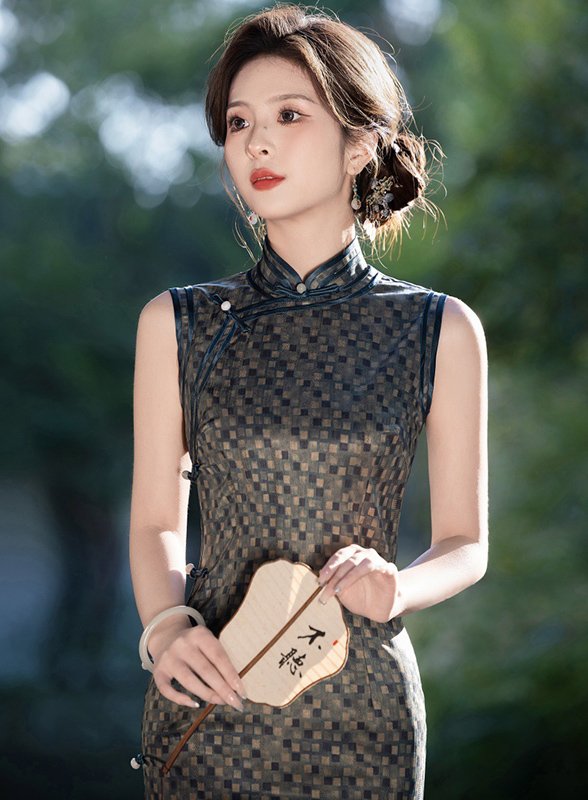 Classic Cheongsam Black Checkered Pattern Dress