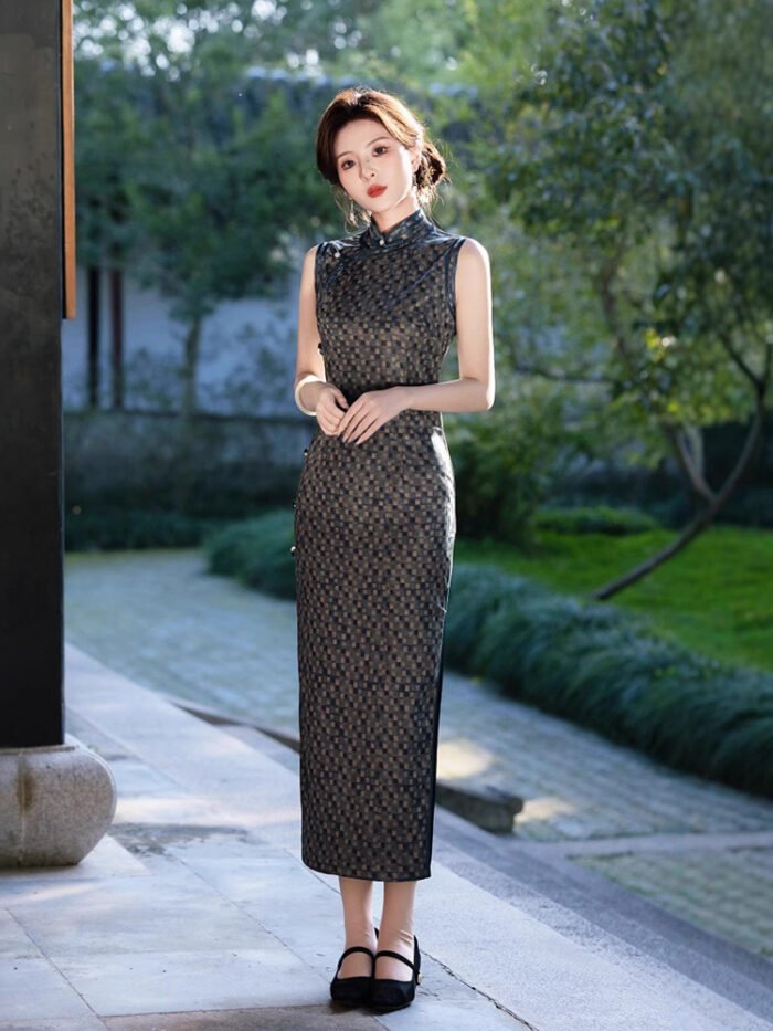 Classic Cheongsam Black Checkered Pattern Dress