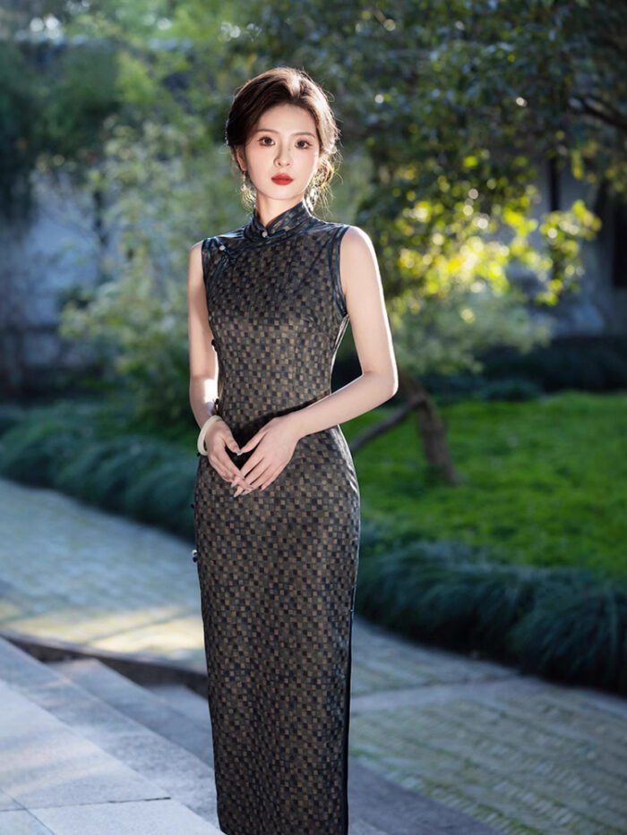Classic Cheongsam Black Checkered Pattern Dress