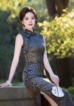 Classic Cheongsam Black Checkered Pattern Dress