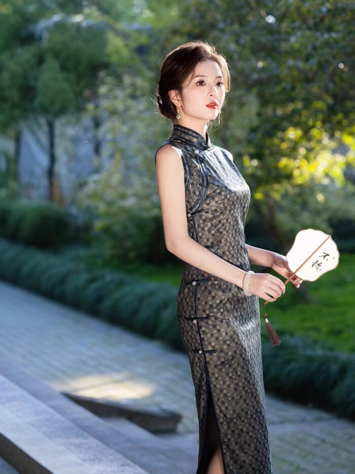 Classic Cheongsam Black Checkered Pattern Dress
