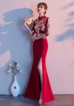 Elegant Red Cheongsam with Golden Phoenix Embroidery