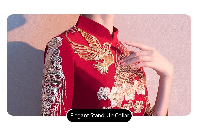 Elegant Red Cheongsam with Golden Phoenix Embroidery