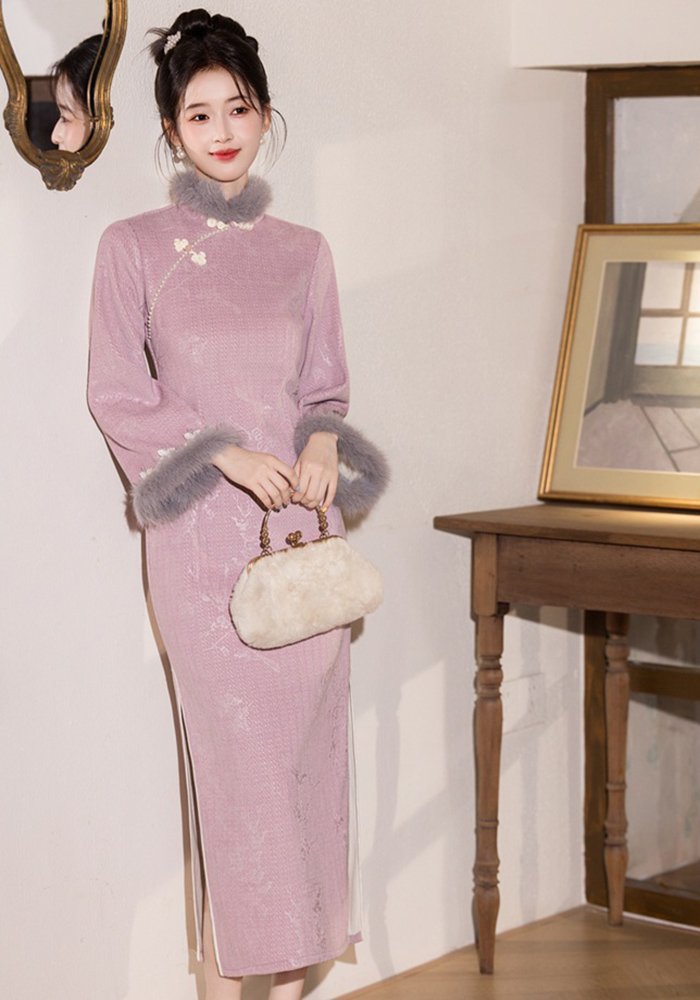 autumn-and-winter-new-chinese-style-cheongsam-dress-pink-qipao (4) Autumn and Winter New Chinese Style Cheongsam Dress Pink Qipao