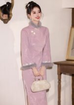 Autumn and Winter New Chinese Style Cheongsam Dress Pink Qipao