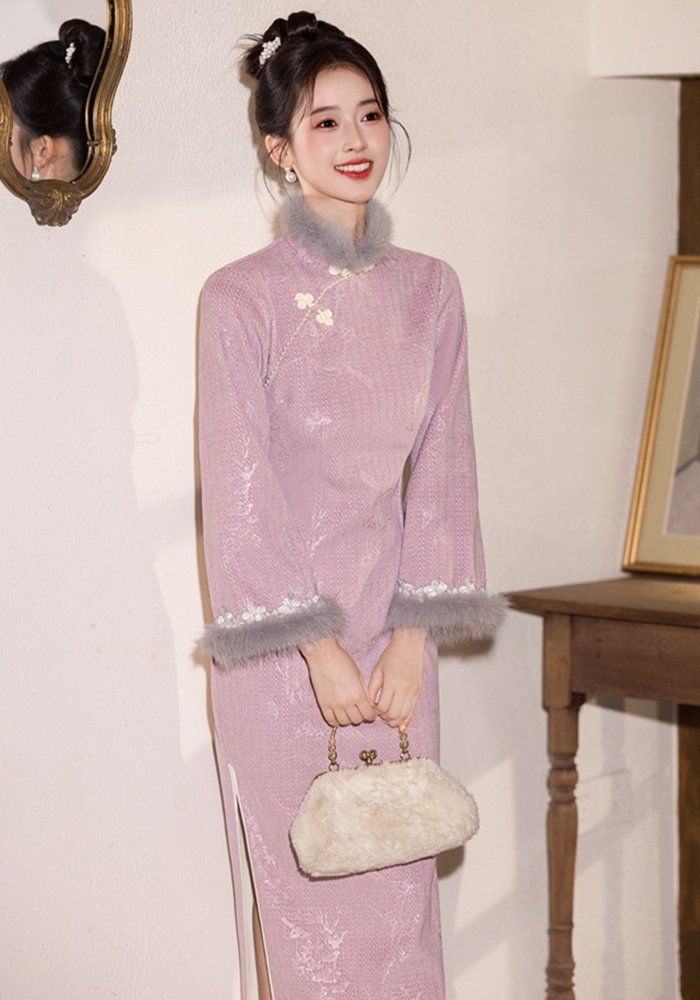 autumn-and-winter-new-chinese-style-cheongsam-dress-pink-qipao (5) Autumn and Winter New Chinese Style Cheongsam Dress Pink Qipao