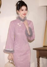 Autumn and Winter New Chinese Style Cheongsam Dress Pink Qipao