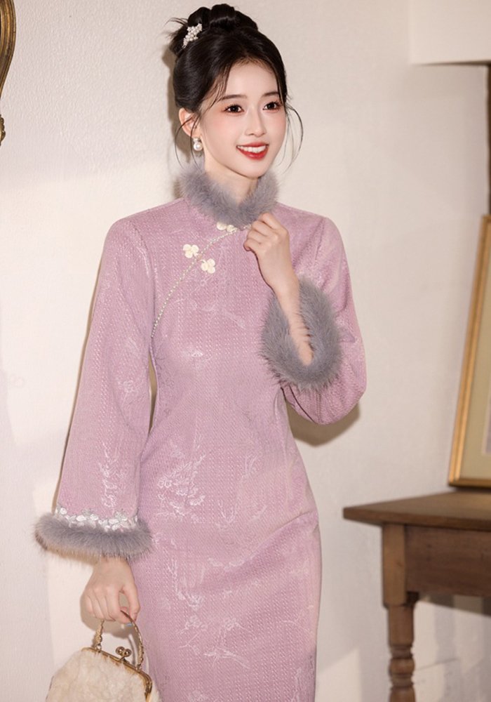 autumn-and-winter-new-chinese-style-cheongsam-dress-pink-qipao (6) Autumn and Winter New Chinese Style Cheongsam Dress Pink Qipao