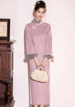 Autumn and Winter New Chinese Style Cheongsam Dress Pink Qipao