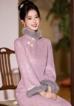 Autumn and Winter New Chinese Style Cheongsam Dress Pink Qipao