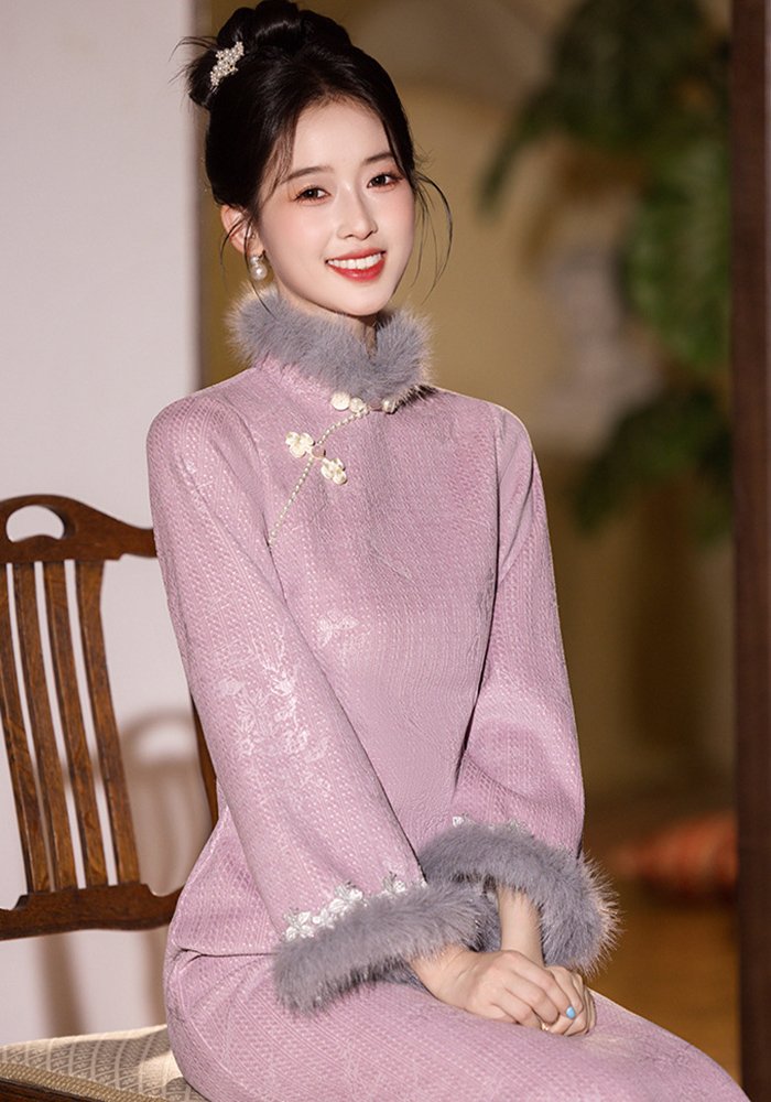 autumn-and-winter-new-chinese-style-cheongsam-dress-pink-qipao (8) Autumn and Winter New Chinese Style Cheongsam Dress Pink Qipao