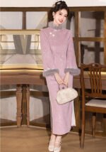 Autumn and Winter New Chinese Style Cheongsam Dress Pink Qipao