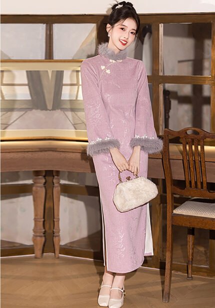 Autumn and Winter New Chinese Style Cheongsam Dress Pink Qipao