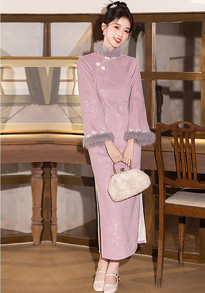 autumn-and-winter-new-chinese-style-cheongsam-dress-pink-qipao (9) Autumn and Winter New Chinese Style Cheongsam Dress Pink Qipao