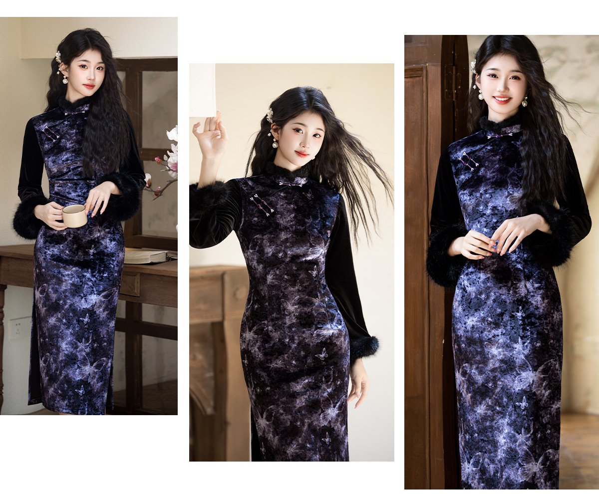 Autumn and Winter New Chinese Velvet Plus Cheongsam Dress
