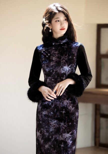 Autumn and Winter New Chinese Velvet Plus Cheongsam Dress