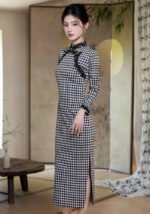 elegance winter qipao with plush trim