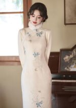Elegant Ivory Cheongsam with Fur Trim and Floral Embroidery