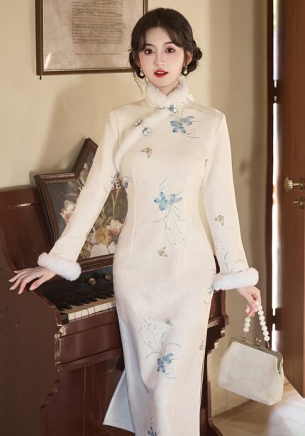 Elegant Ivory Cheongsam with Fur Trim and Floral Embroidery