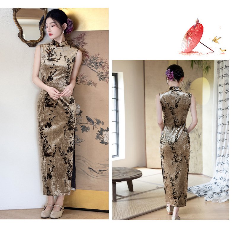 Retro Velvet Autumn Sleeveless Cheongsam Dresses