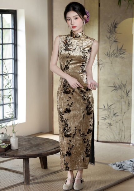 Retro Velvet Autumn Sleeveless Cheongsam Dresses