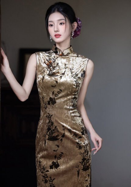 Retro Velvet Autumn Sleeveless Cheongsam Dresses