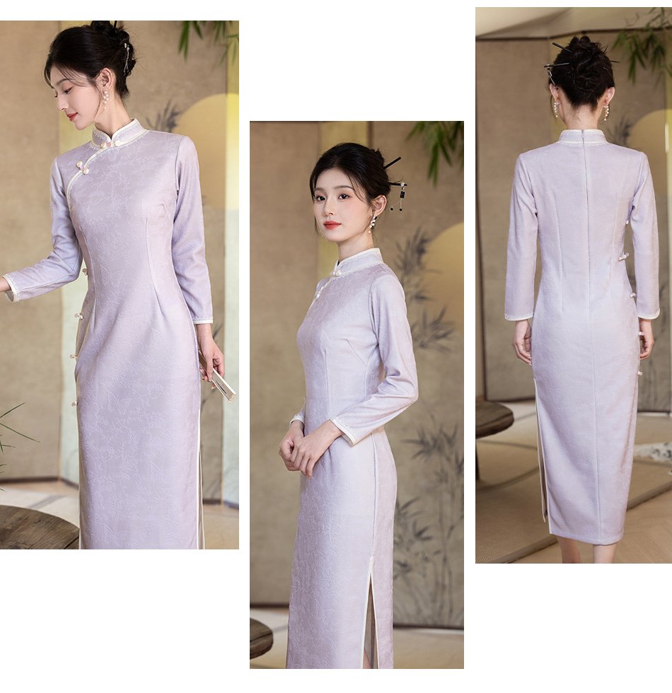 Spring and Autumn Elegant Silk Cheongsam with Floral Brocade