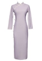 Spring and Autumn Elegant Silk Cheongsam with Floral Brocade