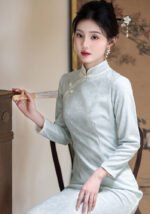 Spring and Autumn Elegant Silk Cheongsam with Floral Brocade