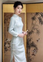 Spring and Autumn Elegant Silk Cheongsam with Floral Brocade
