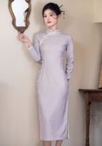 Spring and Autumn Elegant Silk Cheongsam with Floral Brocade