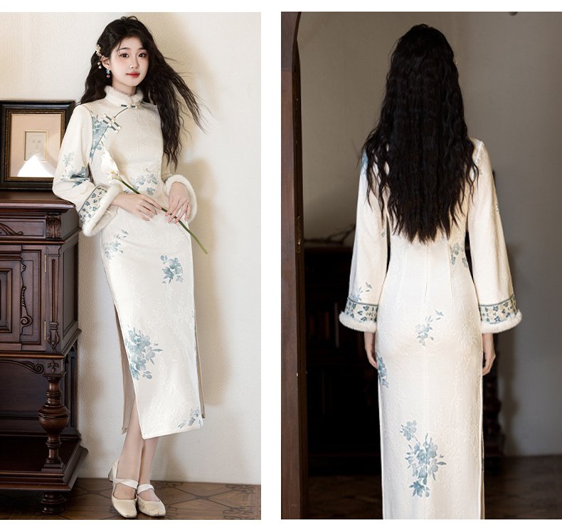 Vintage Elegance Women's Floral Brocade Cheongsam with Faux Fur Cuffs