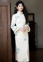 Vintage Elegance Women's Floral Brocade Cheongsam with Faux Fur Cuffs