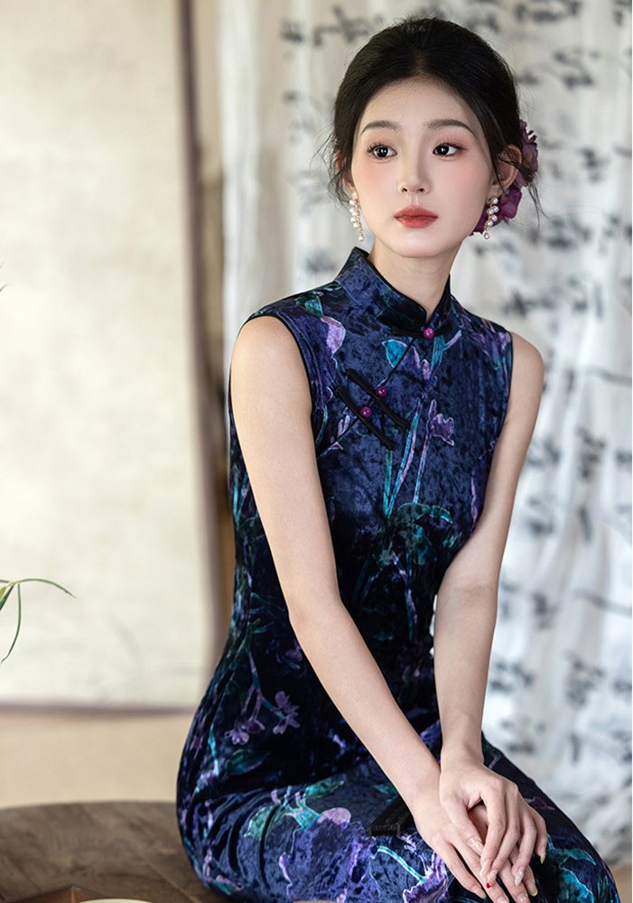 Vintage Silk Velongsam Cheongsam Sleeveless Maxi Dress